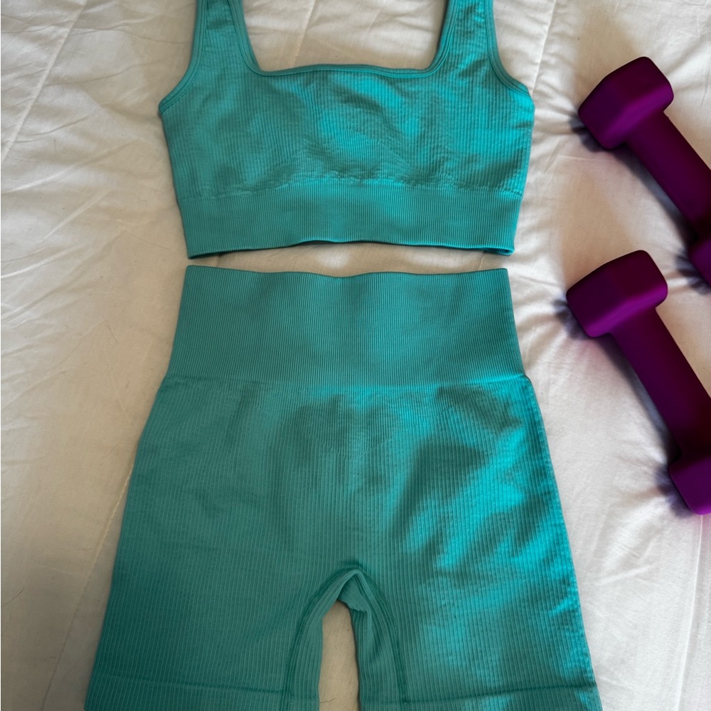 Teal Ribbed Workout Set